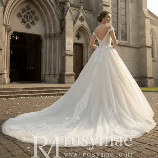 Floral Lace Elegant V Neck and V Back Wedding Dress with Off the Shoulder - Rosymae