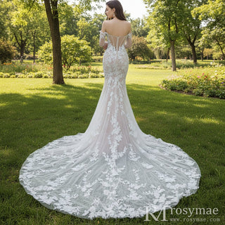 Floral Lace Long Sleeve Mermaid Wedding Dress with Detachable Skirt - Rosymae