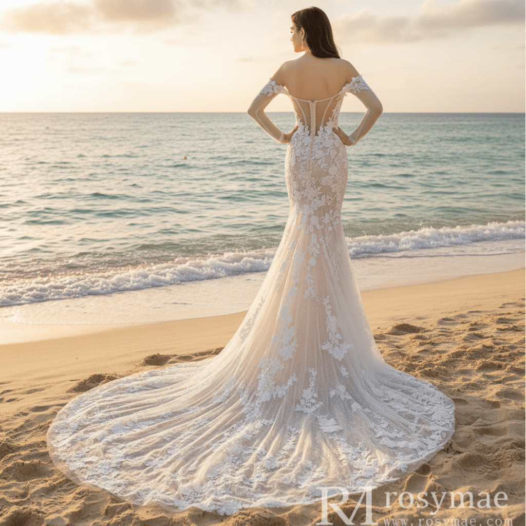 Floral Lace Long Sleeve Mermaid Wedding Dress with Detachable Skirt - Rosymae