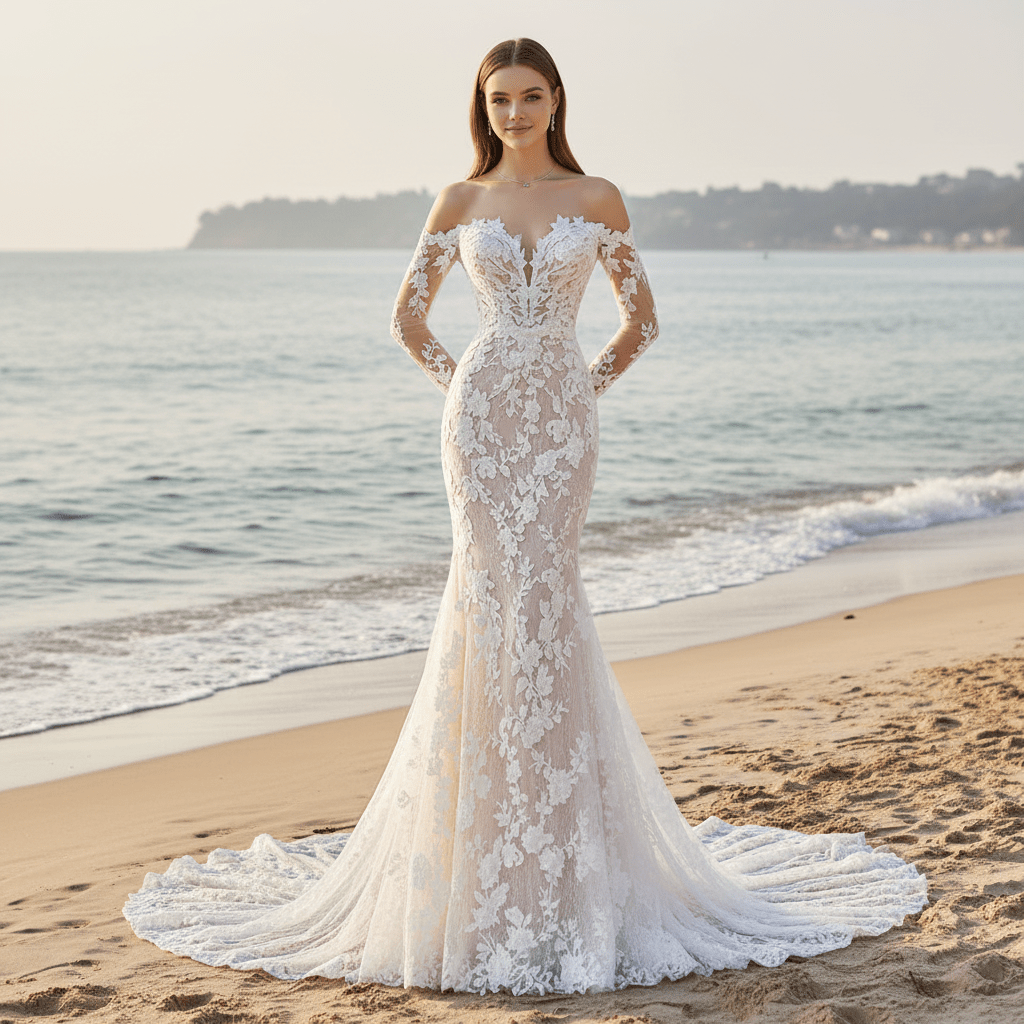 Floral Lace Long Sleeve Mermaid Wedding Dress with Detachable Skirt - Rosymae