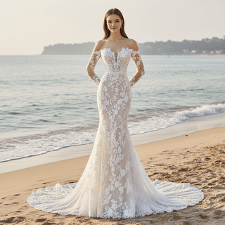 Floral Lace Long Sleeve Mermaid Wedding Dress with Detachable Skirt - Rosymae