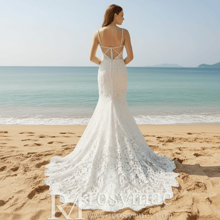 Floral Lace Mermaid-style Wedding Dress with spaghetti straps and Sweetheart Neck - Rosymae