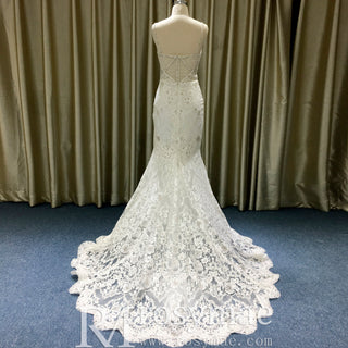 Floral Lace Mermaid-style Wedding Dress with spaghetti straps and Sweetheart Neck - Rosymae