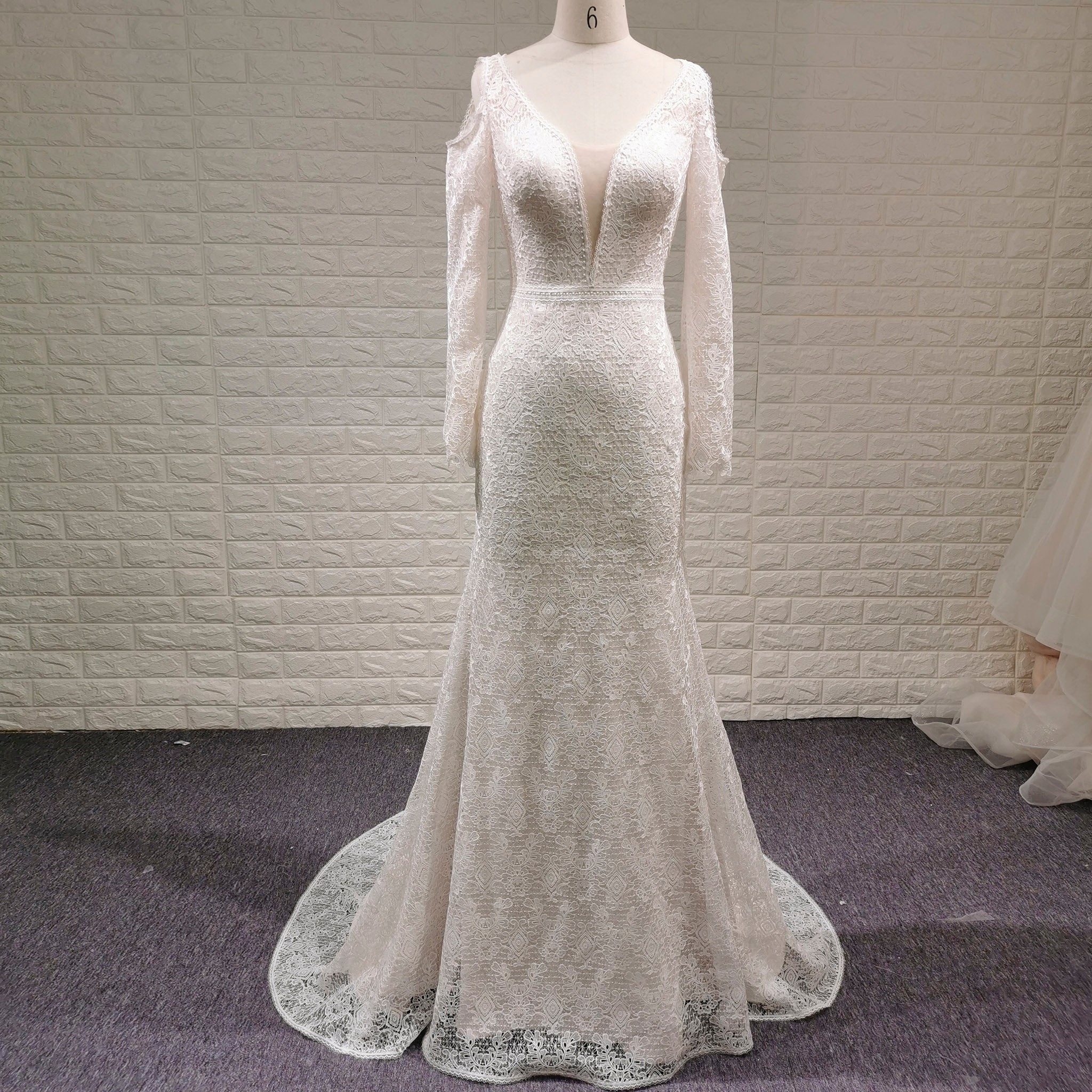 Floral Lace Mermaid Wedding Dress with Off the Shoulder Long Sleeve - Rosymae