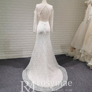 Floral Lace Mermaid Wedding Dress with Off the Shoulder Long Sleeve - Rosymae