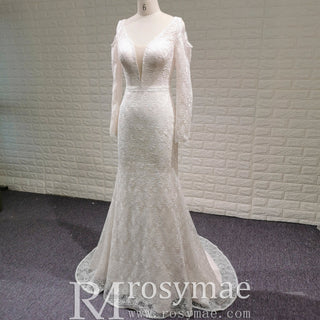 Floral Lace Mermaid Wedding Dress with Off the Shoulder Long Sleeve - Rosymae