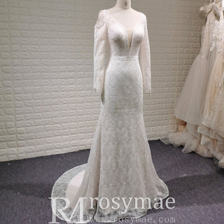 Floral Lace Mermaid Wedding Dress with Off the Shoulder Long Sleeve - Rosymae