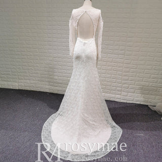 Floral Lace Mermaid Wedding Dress with Off the Shoulder Long Sleeve - Rosymae