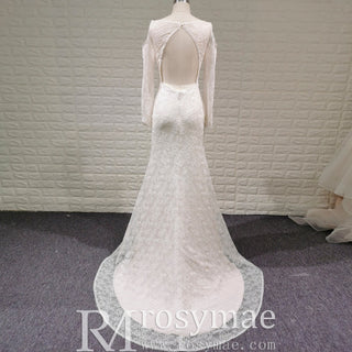Floral Lace Mermaid Wedding Dress with Off the Shoulder Long Sleeve - Rosymae