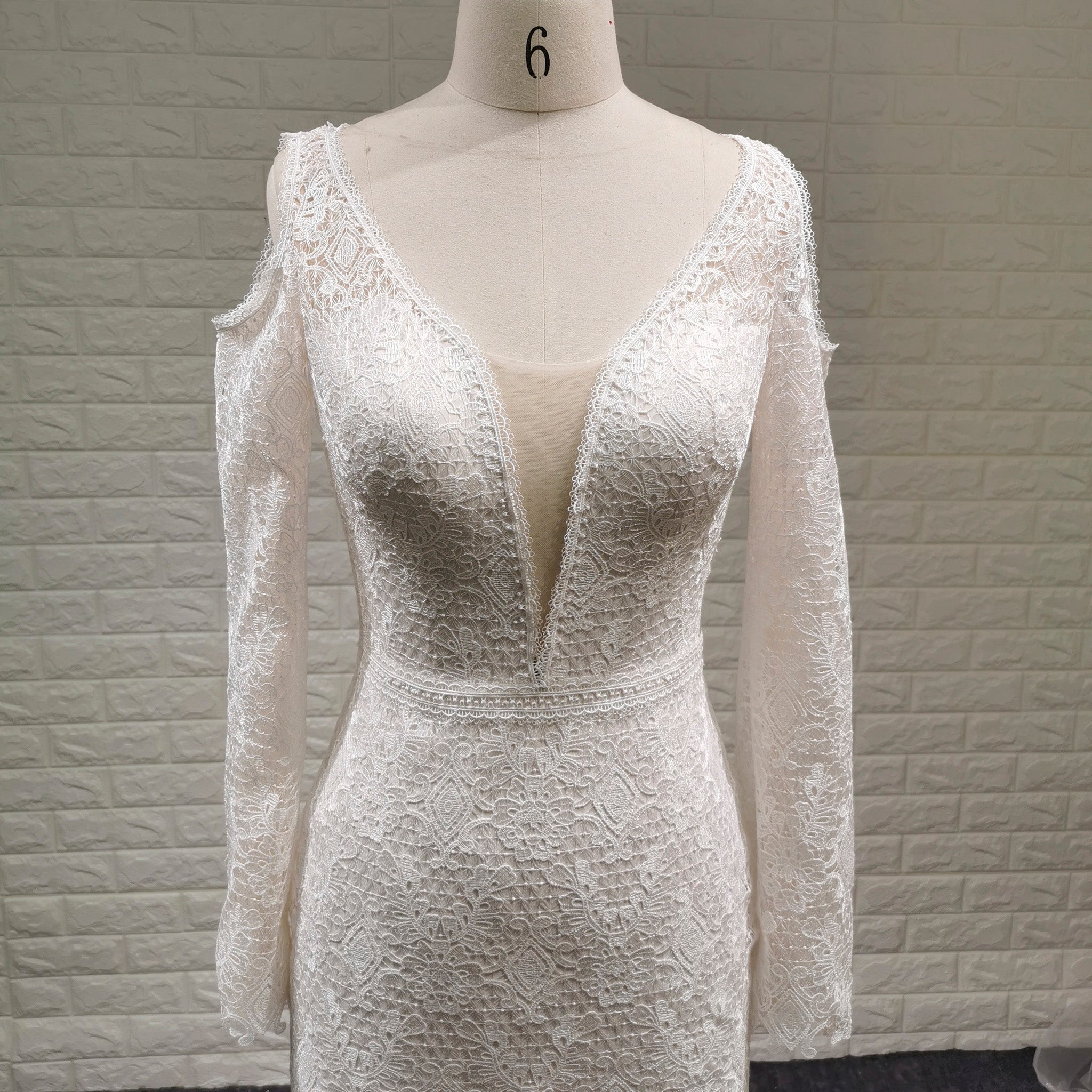 Floral Lace Mermaid Wedding Dress with Off the Shoulder Long Sleeve - Rosymae