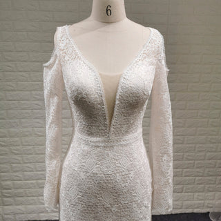 Floral Lace Mermaid Wedding Dress with Off the Shoulder Long Sleeve - Rosymae