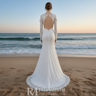 Floral Lace Mermaid Wedding Dress with Off the Shoulder Long Sleeve - Rosymae