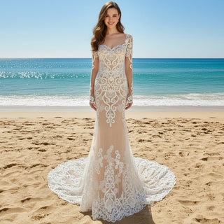 Floral Lace Mermaid Wedding Dress with Sheer Long Sleeve - Rosymae