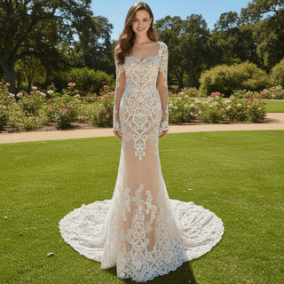 Floral Lace Mermaid Wedding Dress with Sheer Long Sleeve - Rosymae