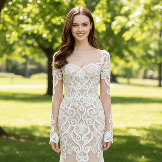 Floral Lace Mermaid Wedding Dress with Sheer Long Sleeve - Rosymae