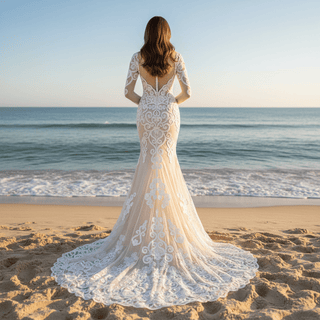 Floral Lace Mermaid Wedding Dress with Sheer Long Sleeve - Rosymae