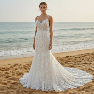 Spaghetti Straps Vintage Lace Mermaid Wedding Gowns with Vneck