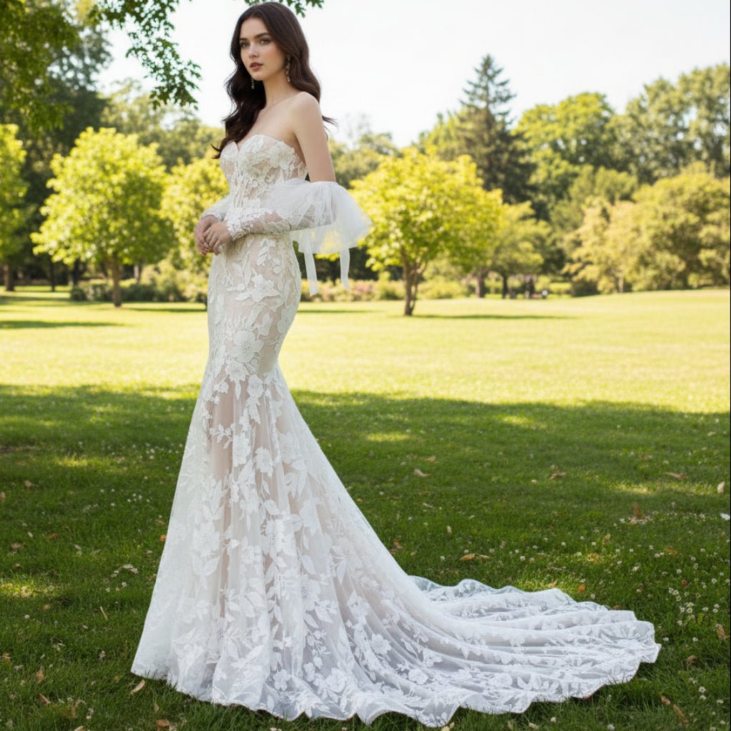 Floral Lace Mermaid Wedding Dress with Sweetheart Neck - Rosymae