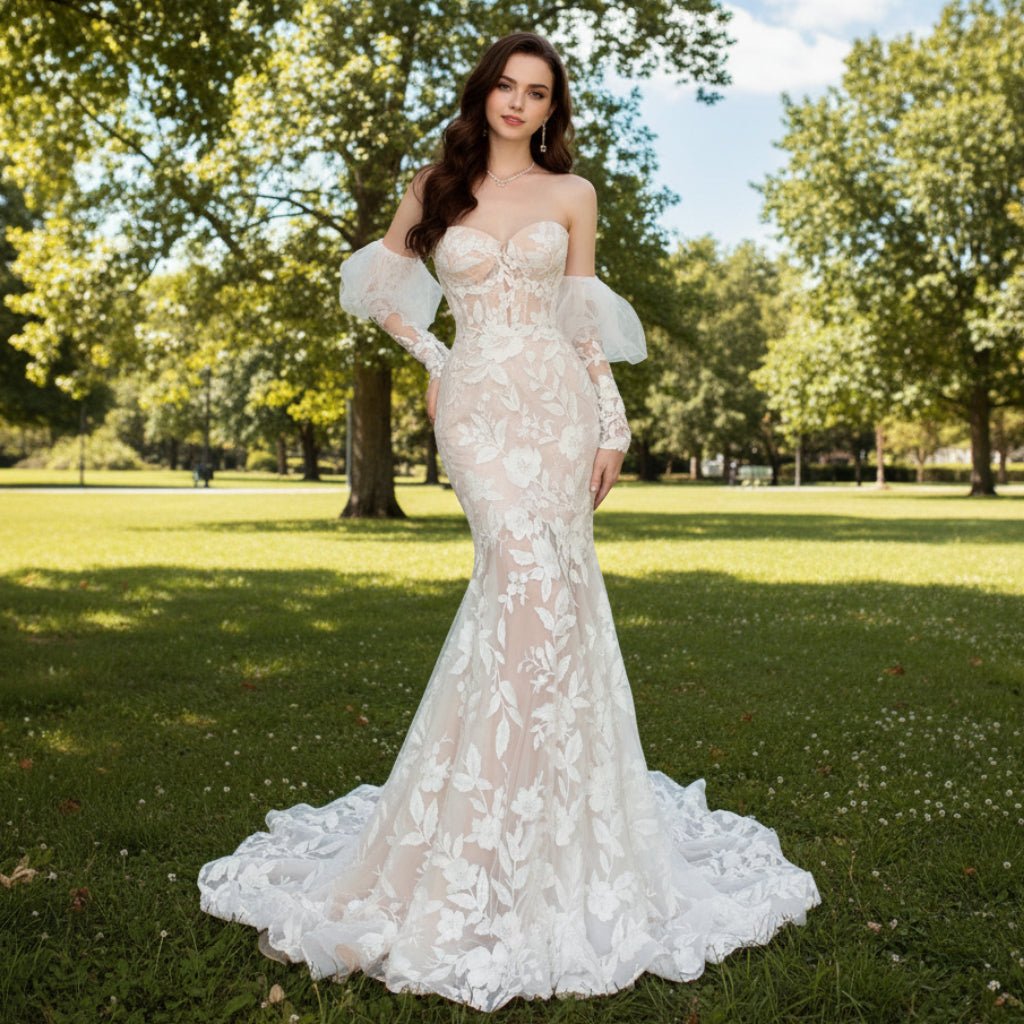 Floral Lace Mermaid Wedding Dress with Sweetheart Neck - Rosymae