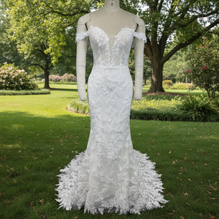 Elegantes vestidos de novia de sirena de encaje con hombros descubiertos para novias