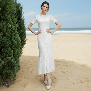 O-neck Elegant Short Sleeves Lace Midi Dress with Tiered Skirt