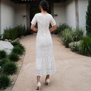 O-neck Elegant Short Sleeves Lace Midi Dress with Tiered Skirt