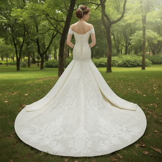 Vintage Off the Shoulder Trumpet Wedding Dress with Floral Lace Appliqued