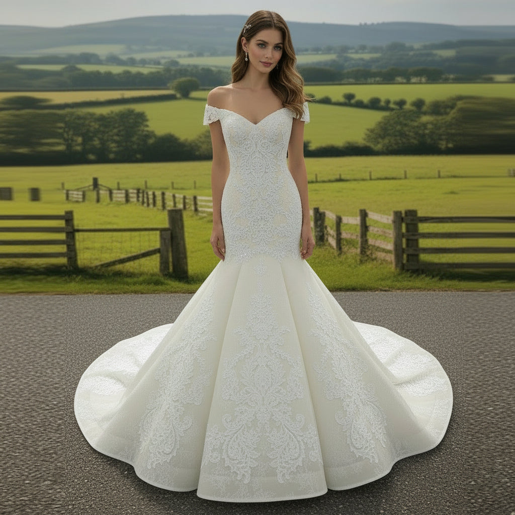 Vintage Off the Shoulder Trumpet Wedding Dress with Floral Lace Appliq Rosymae Vintage Off the Shoulder Trumpet Wedding Dress with Floral Lace Appliq Rosymae