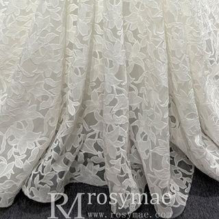 Elegant V Neck A Line Unique 3D Lace Wedding Dress with Sheer Bodice