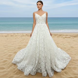 Elegant V Neck A Line Unique 3D Lace Wedding Dress with Sheer Bodice