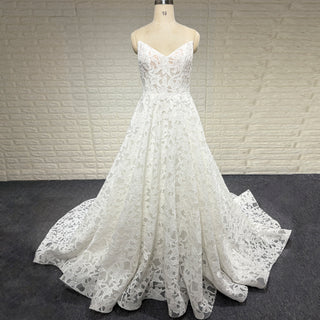 Elegant V Neck A Line Unique 3D Lace Wedding Dress with Sheer Bodice