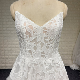 Elegant V Neck A Line Unique 3D Lace Wedding Dress with Sheer Bodice