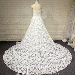 Elegant V Neck A Line Unique 3D Lace Wedding Dress with Sheer Bodice
