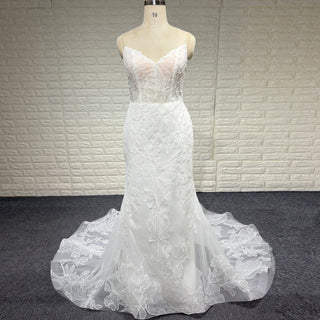 Simple Floral Lace Vneck Mermaid Wedding Dress with Sheer Bodice
