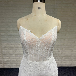 Simple Floral Lace Vneck Mermaid Wedding Dress with Sheer Bodice
