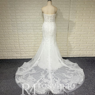 Simple Floral Lace Vneck Mermaid Wedding Dress with Sheer Bodice