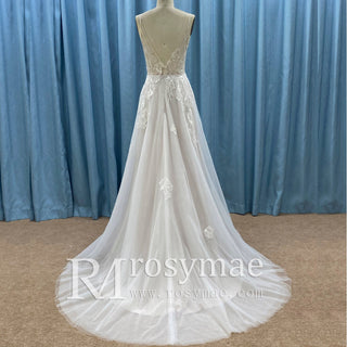 Floral Lace V-neckline Bridal Wedding Dress with Spaghetti Strap - Rosymae