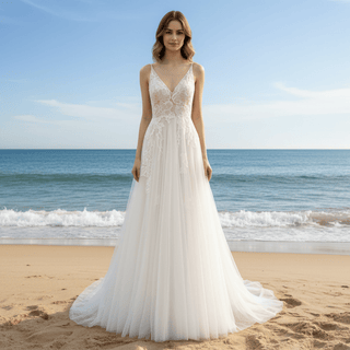 Floral Lace V-neckline Bridal Wedding Dress with Spaghetti Strap - Rosymae