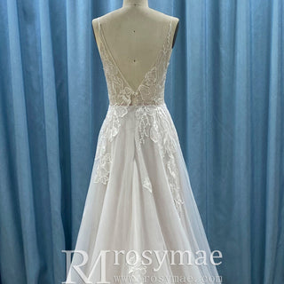 Floral Lace V-neckline Bridal Wedding Dress with Spaghetti Strap - Rosymae