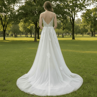 Floral Lace V-neckline Bridal Wedding Dress with Spaghetti Strap - Rosymae