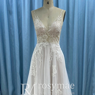 Floral Lace V-neckline Bridal Wedding Dress with Spaghetti Strap - Rosymae