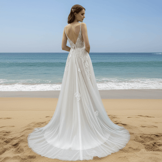 Floral Lace V-neckline Bridal Wedding Dress with Spaghetti Strap - Rosymae