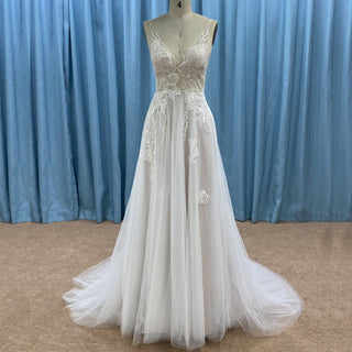 Floral Lace V-neckline Bridal Wedding Dress with Spaghetti Strap - Rosymae