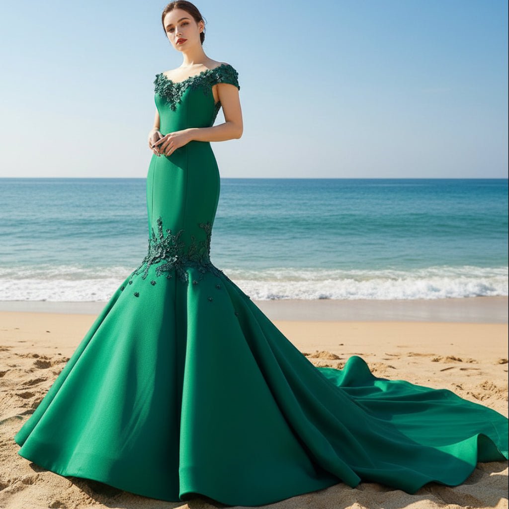 Floral Mermaid Prom Dresses Emerald Green Pageant Dress – Rosymae