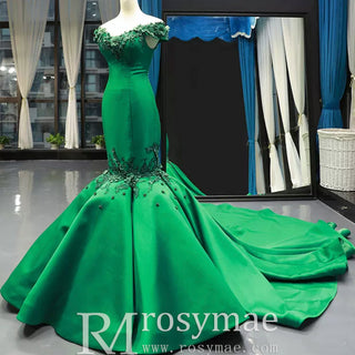 Floral Mermaid Prom Dresses Emerald Green Pageant Dress - Rosymae