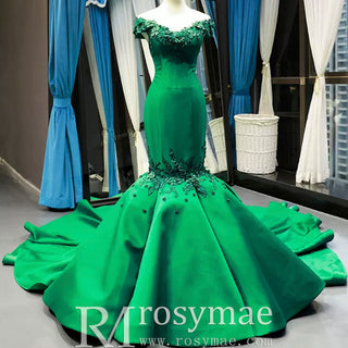 Floral Mermaid Prom Dresses Emerald Green Pageant Dress - Rosymae