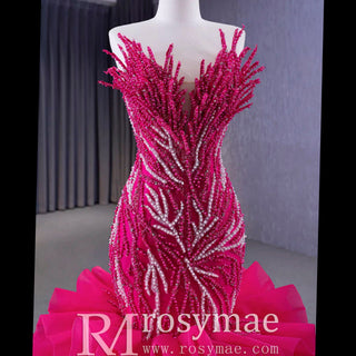 Fuchsia Mermaid Strapless Beading Prom Dress with Ruffle - Rosymae