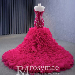 Fuchsia Mermaid Strapless Beading Prom Dress with Ruffle - Rosymae