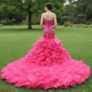Fuchsia Mermaid Strapless Beading Prom Dress with Ruffle - Rosymae
