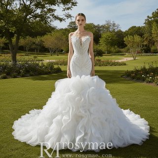 Fuchsia Mermaid Strapless Beading Prom Dress with Ruffle - Rosymae